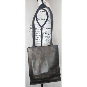 Piel Distressed Leather Open Market Tablet Tote Bag Purse Black Double Handle